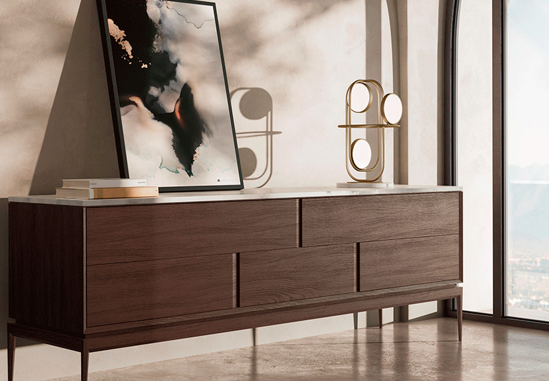 Salón lujoso con mueble de diseño y detalles dorados.