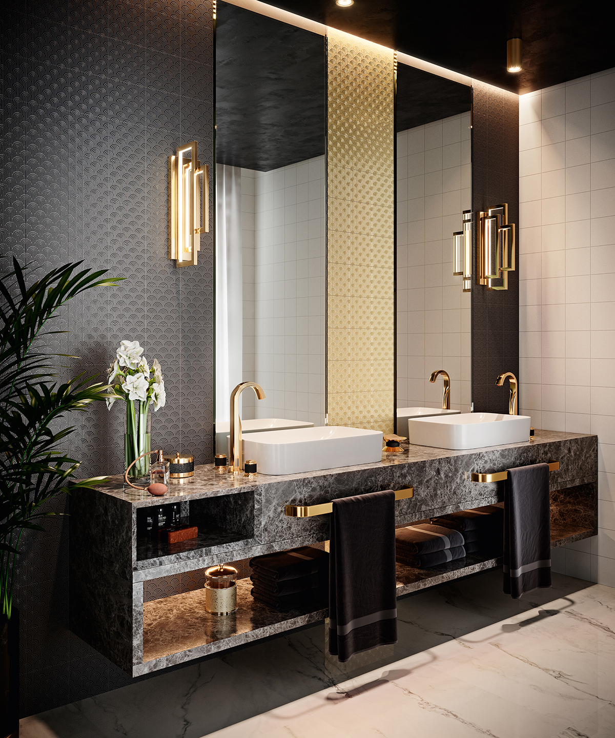 Un baño lujoso en negro y oro