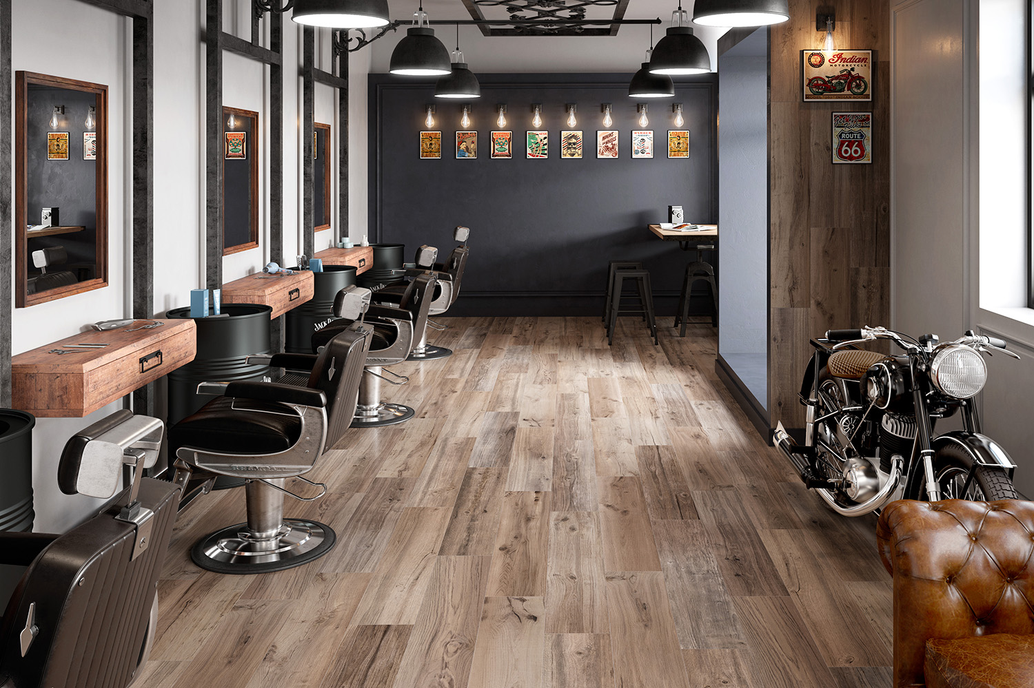 Una barbería rústica con suelo de madera