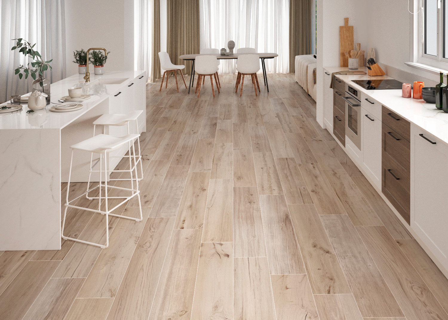 Una cocina rústica con suelo de madera