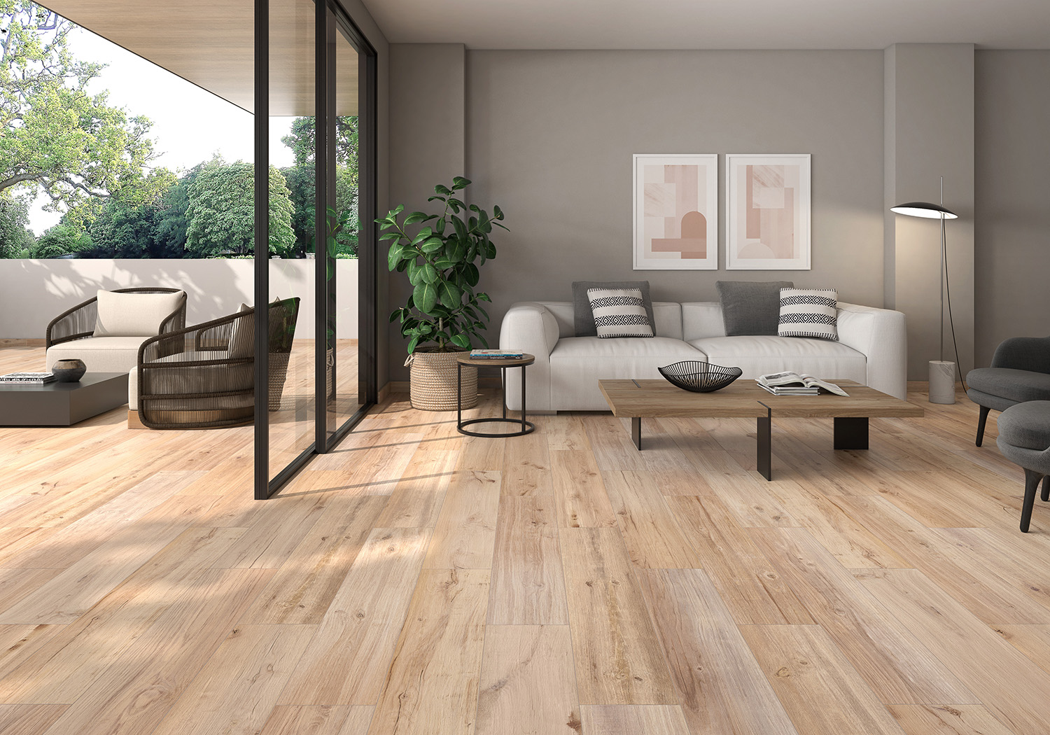Un salón con suelo de madera continuo a la terraza