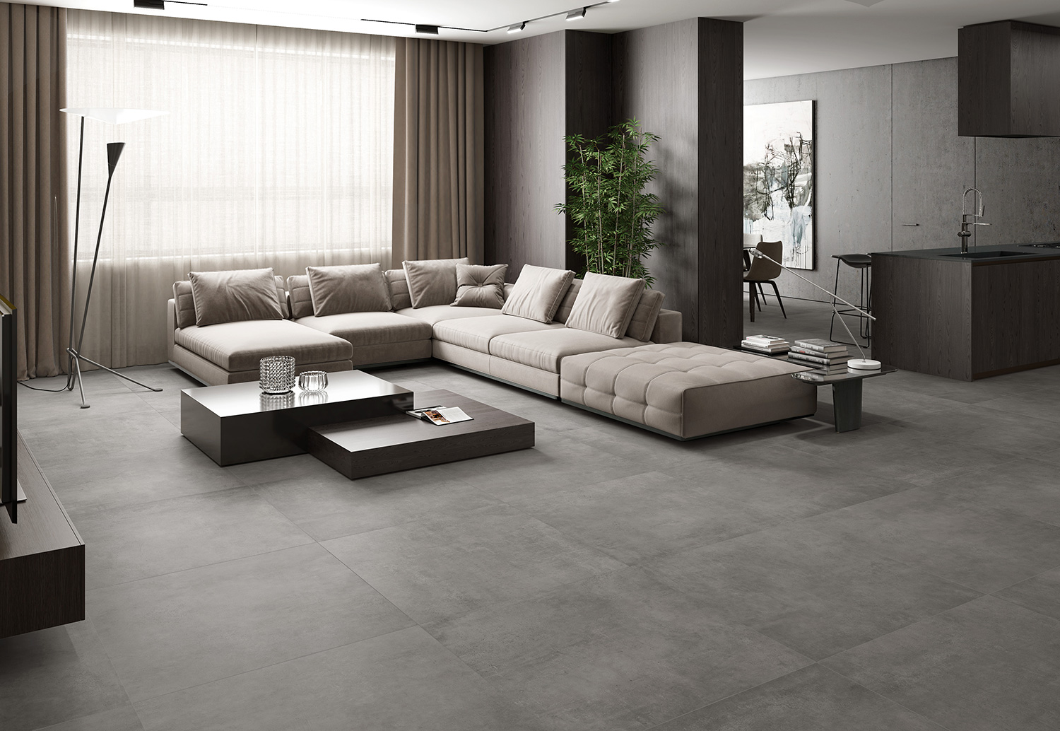 Un salón abierto con total look cemento