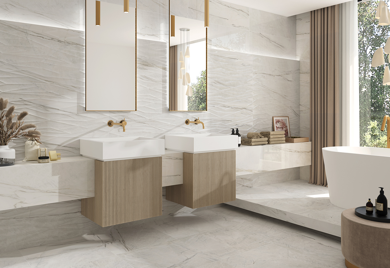 Un baño marmóreo con altas dosis de exclusividad