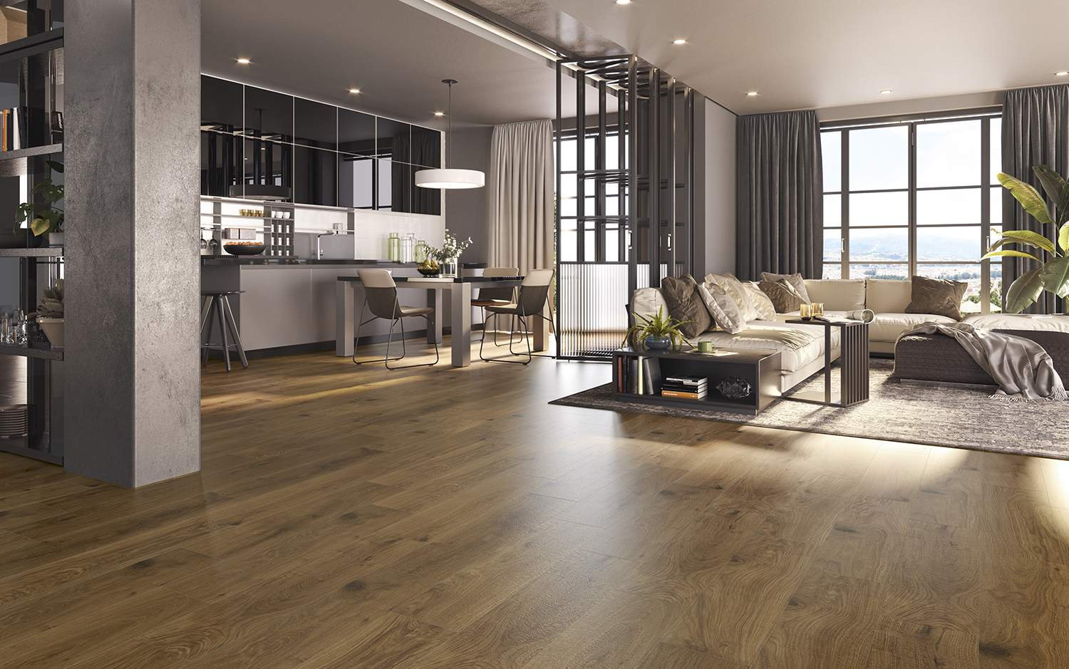 Un salón abierto a la cocina con pavimento de madera