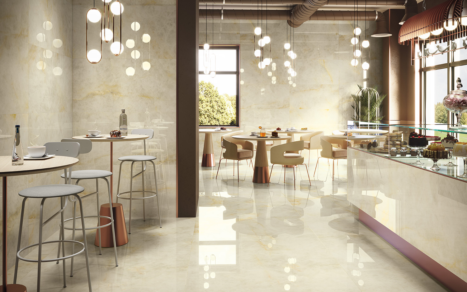 Una cafetería con un total marble look