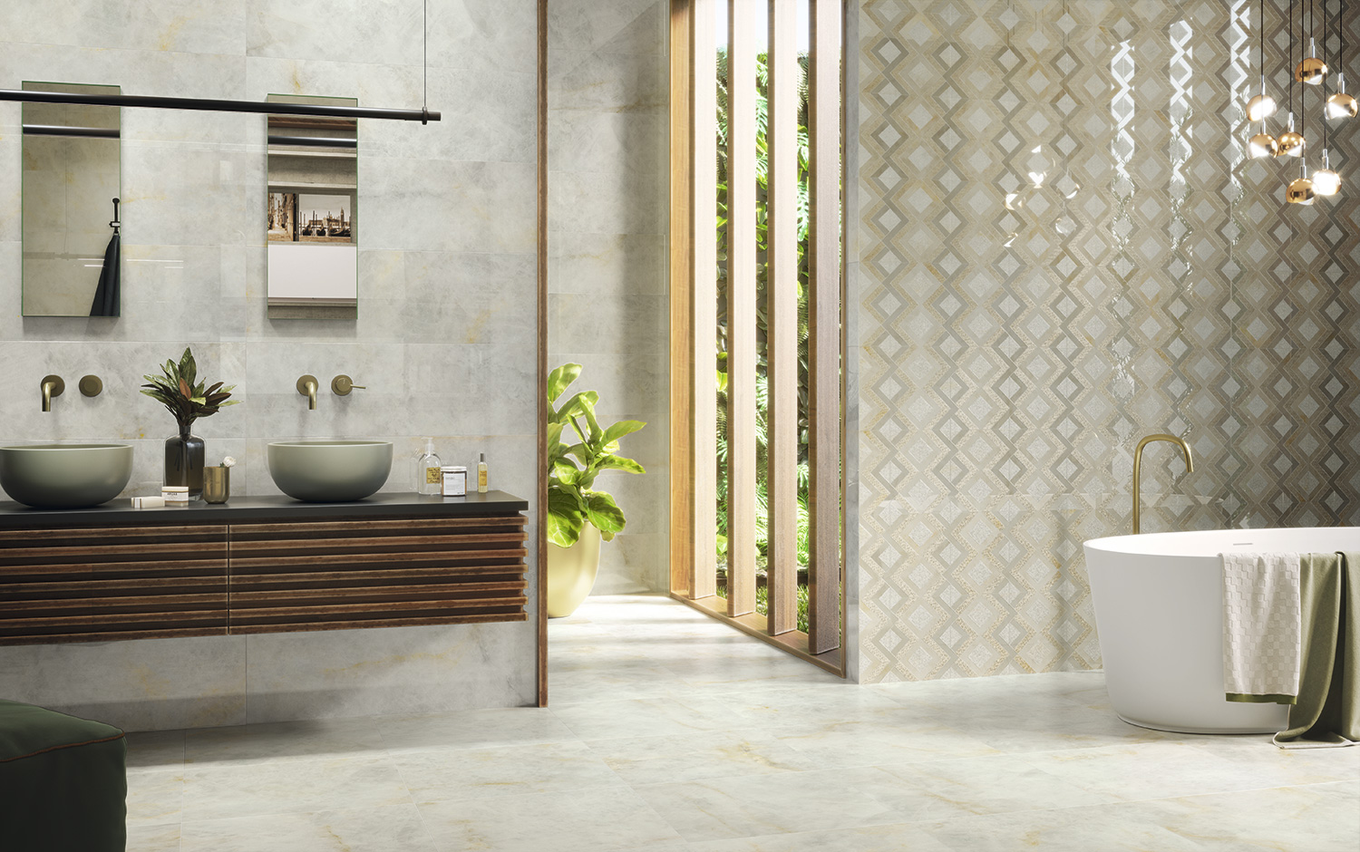Un baño marmóreo de estilo Japandi muy original