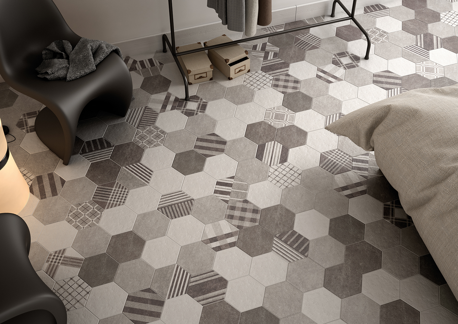 Hexatile Cement White, Grey, Black & Cement Geo Grey