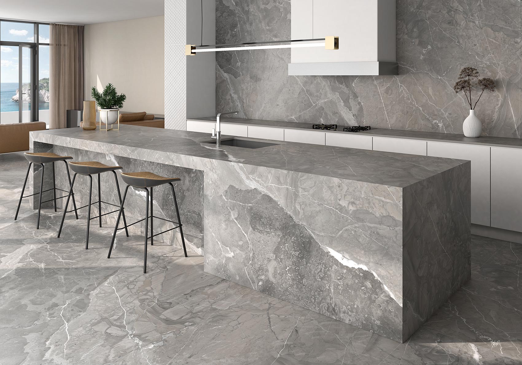 Una cocina elegante y muy pétreo con encimera de gran formato