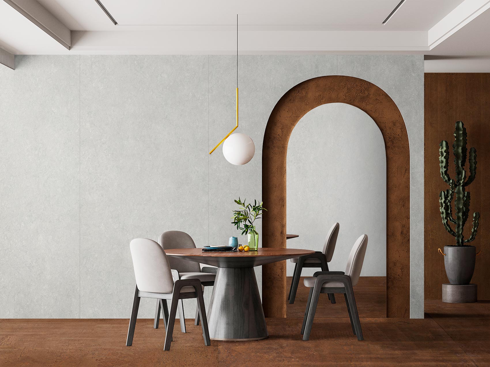 Un salón Mid Century Modern con cerámica de gran formato