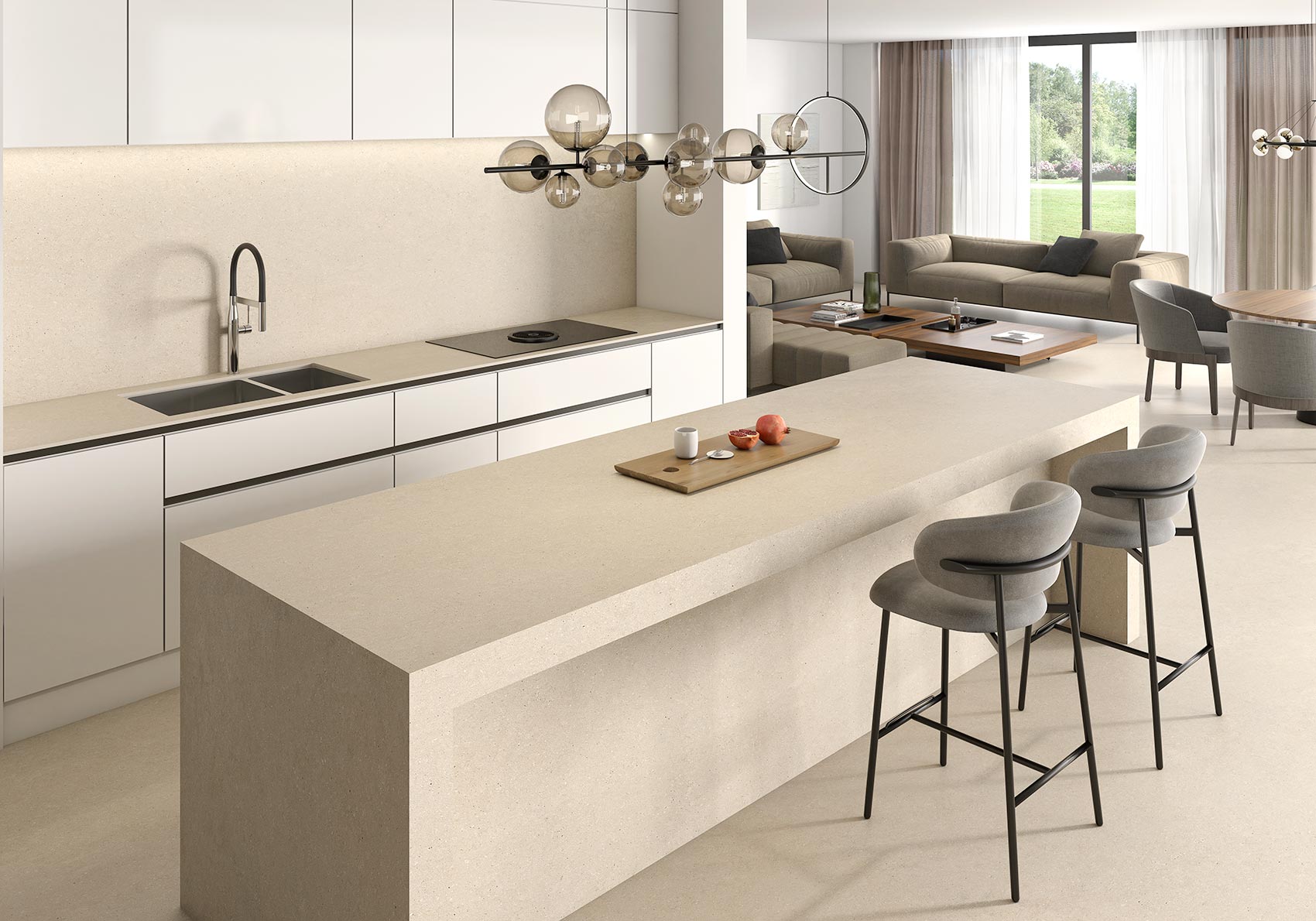 Una cocina beige y cálida bañada por la luz del sol