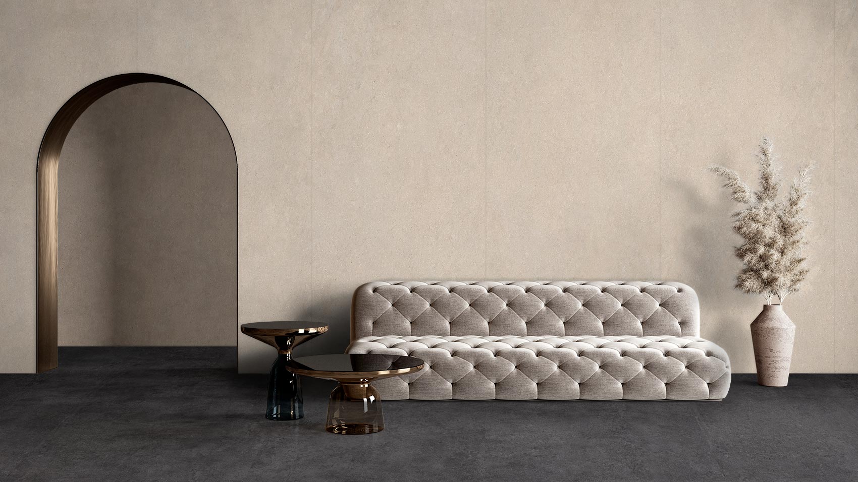 Un salón moderno y cálido con porcelánico de gran formato