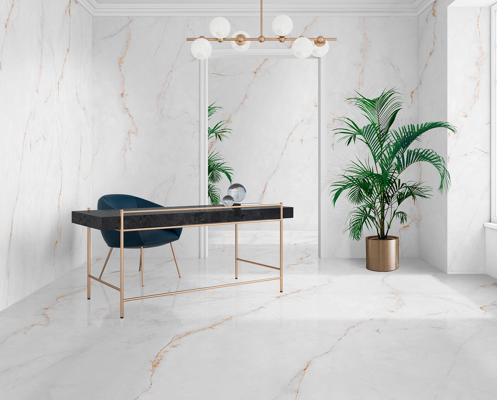 Un salón de estilo retro con mármol blanco en gran formato. Continuidad y equilibrio