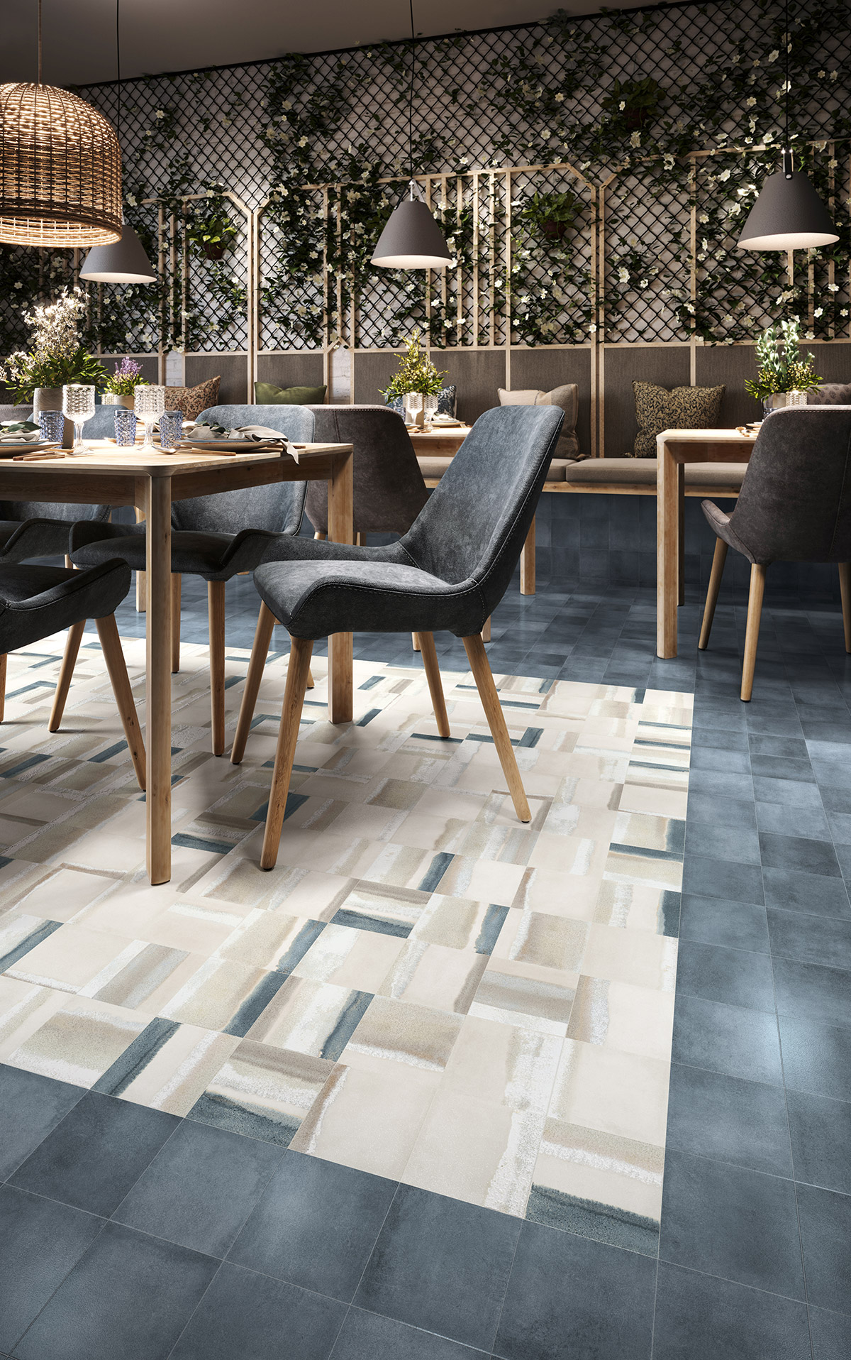 Un restaurante de diseño con alfombra de cerámica