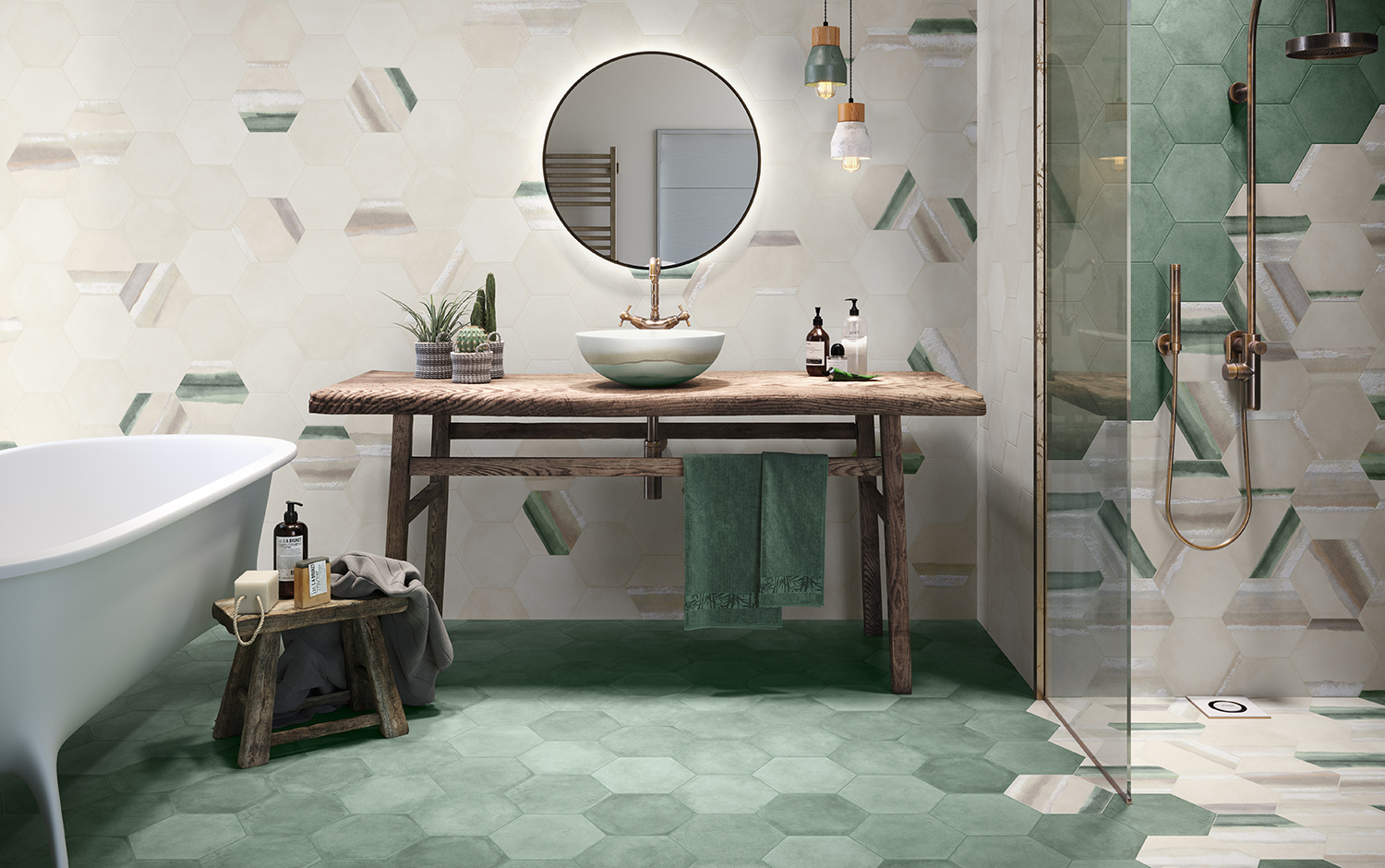 Un baño rústico-moderno con azulejos inspirados en la belleza cenital de la costa
