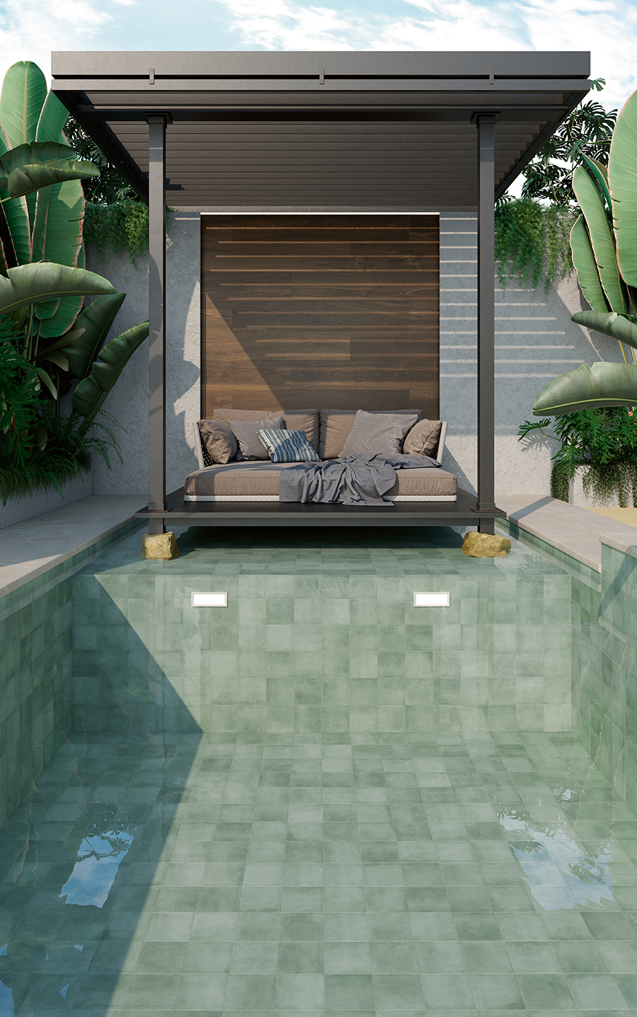 Exótica Bali con azulejos de porcelánico en color verde