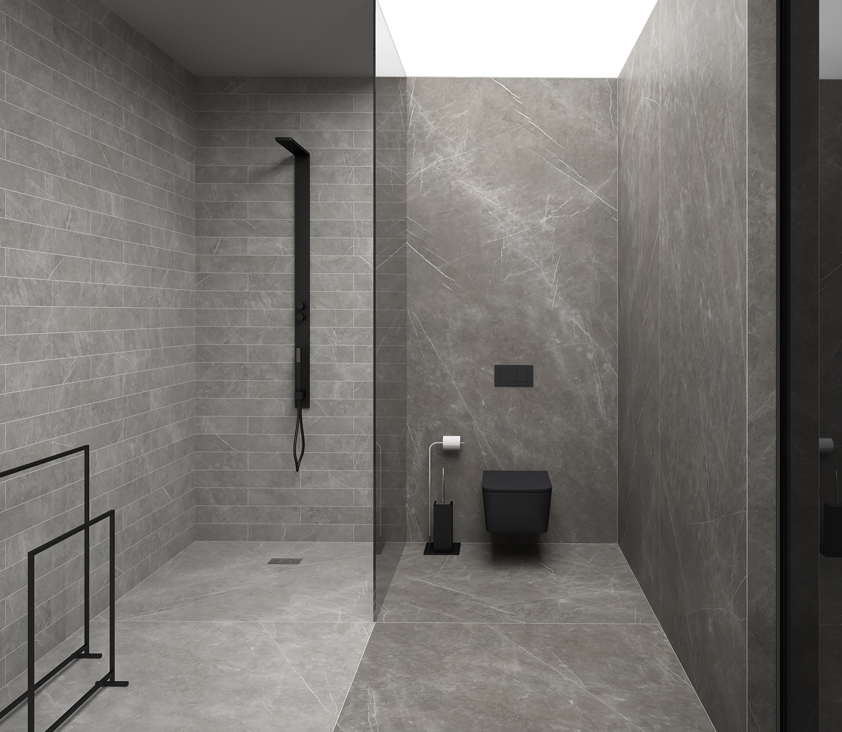 BAÑO ARAN GREY 120x120 · ARAN DARKGREY 120x120/120x260
