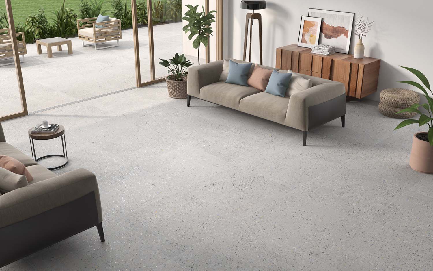 Un salón con suelo de terrazo