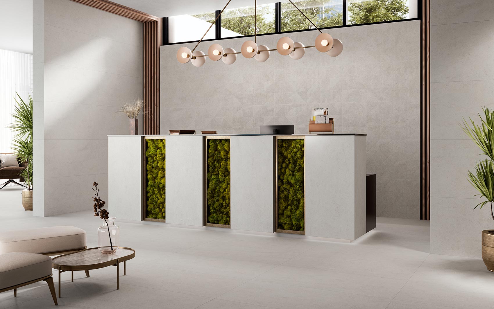 Una recepción de hotel que combina cerámica con naturaleza