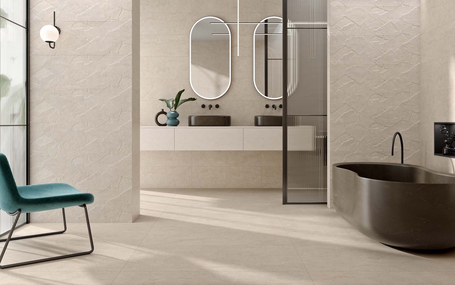 Un baño moderno y cálido separado en dos estancias