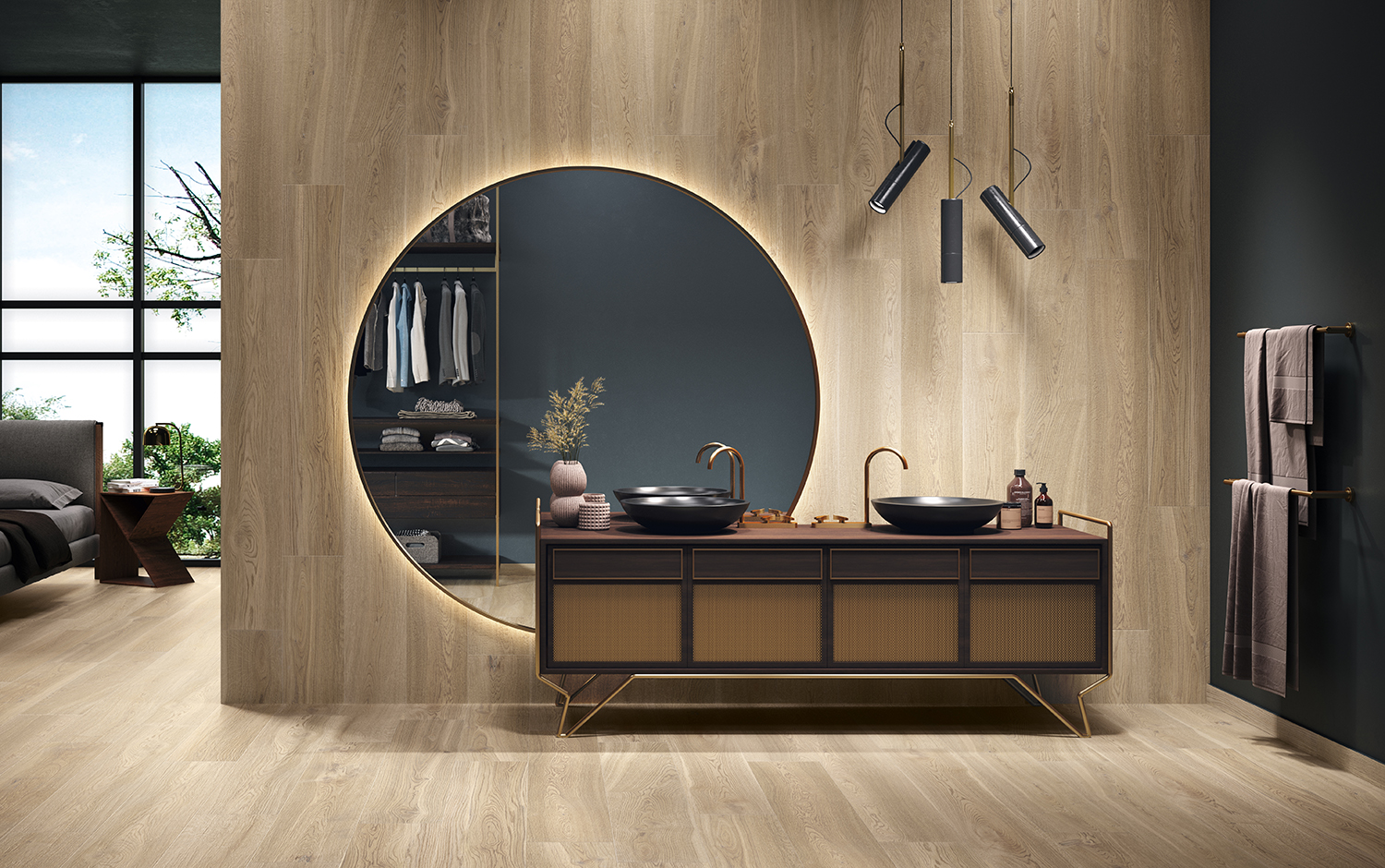 Un baño de madera con espejo redondo