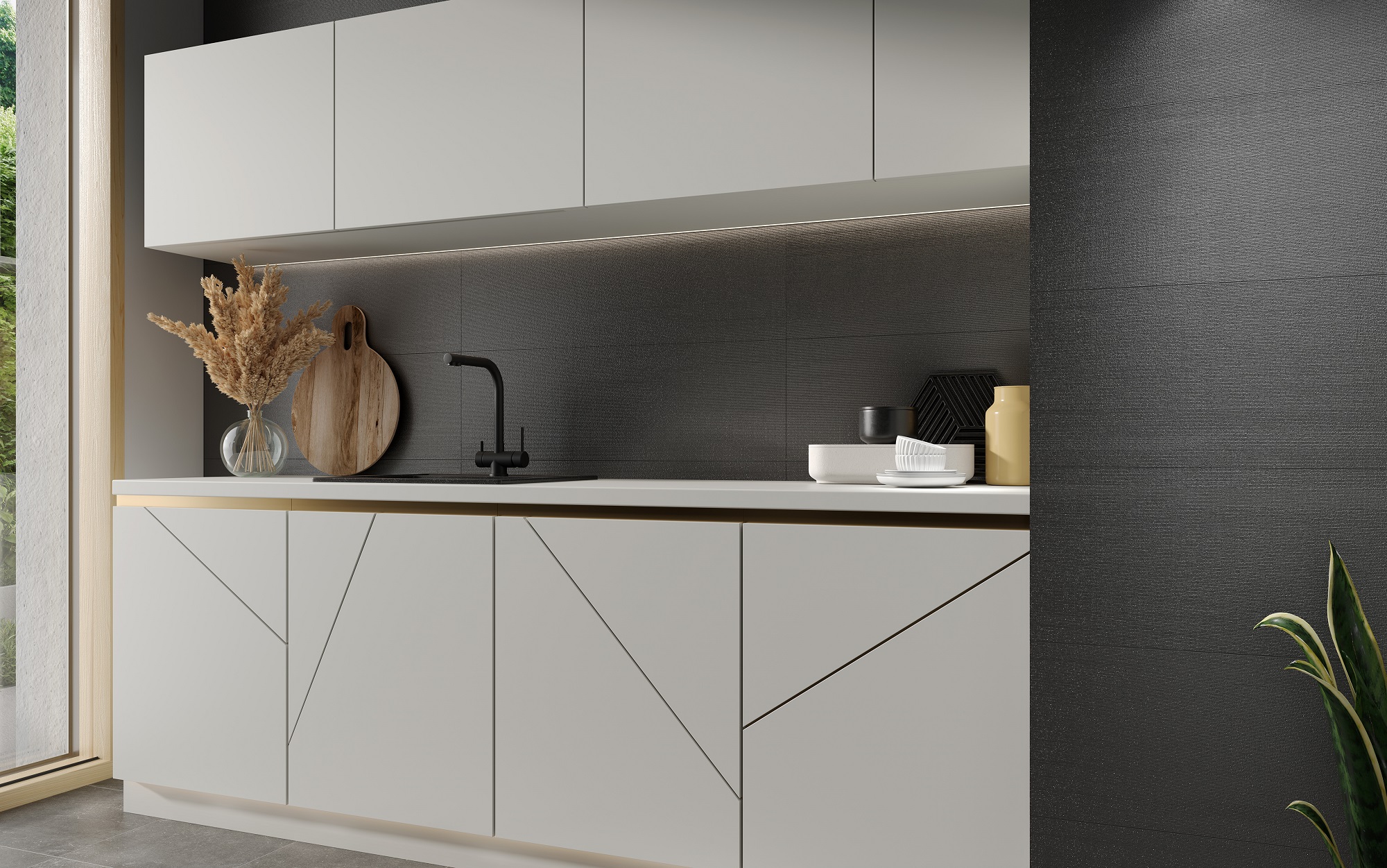 una cocina exclusiva black&white con toques dorados