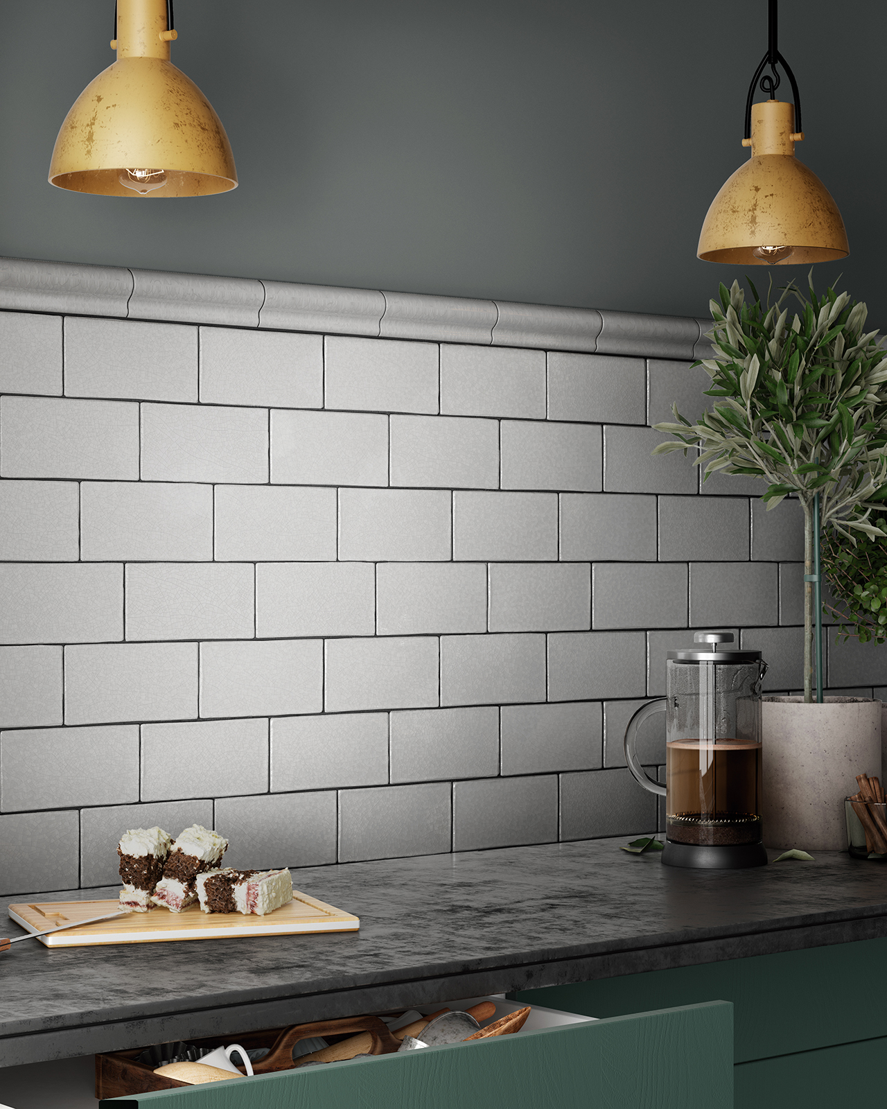 Cocina industrial moderna con azulejos grises efecto craquelado - Masía