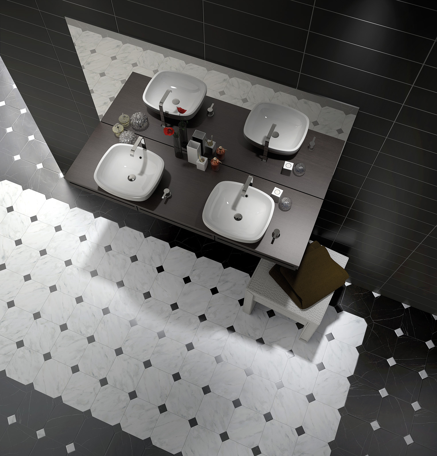 Baño de lujo en blanco y negro con detalles en mármol - Octagon