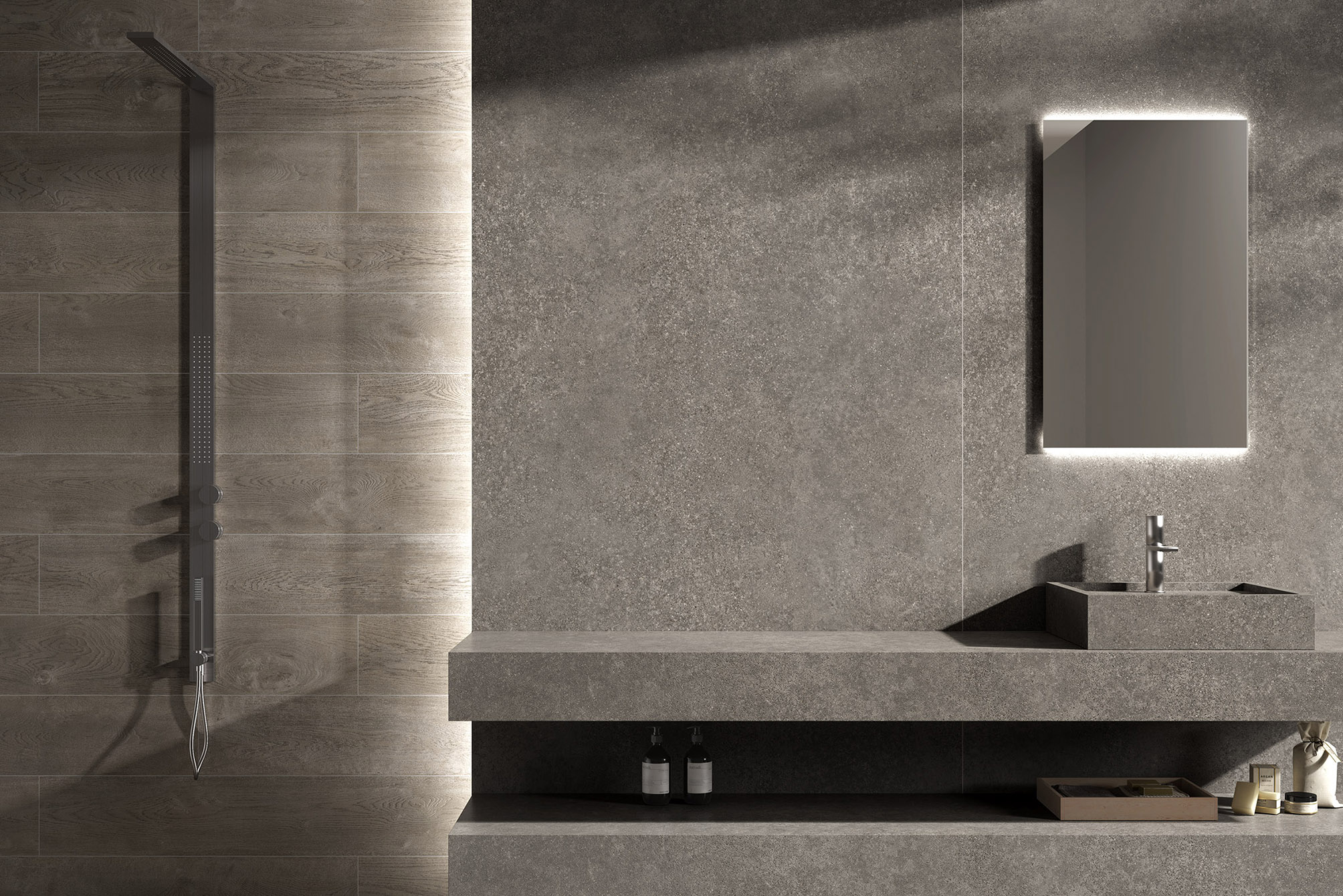 BAÑO CODE TAUPE 120x260 · WOODCODE 20x120