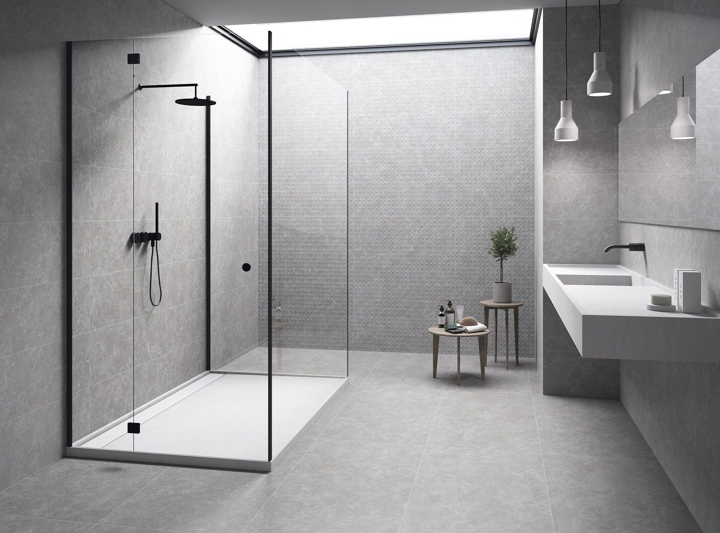 BAÑO PORTLAND GREY 30x90 · RHOMB GREY 30x90