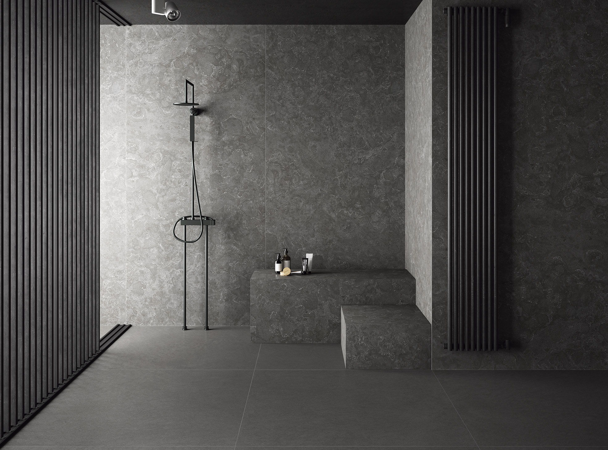 BAÑO TECNICA BLACK 120x120 · AVOLA BLACK 120x260