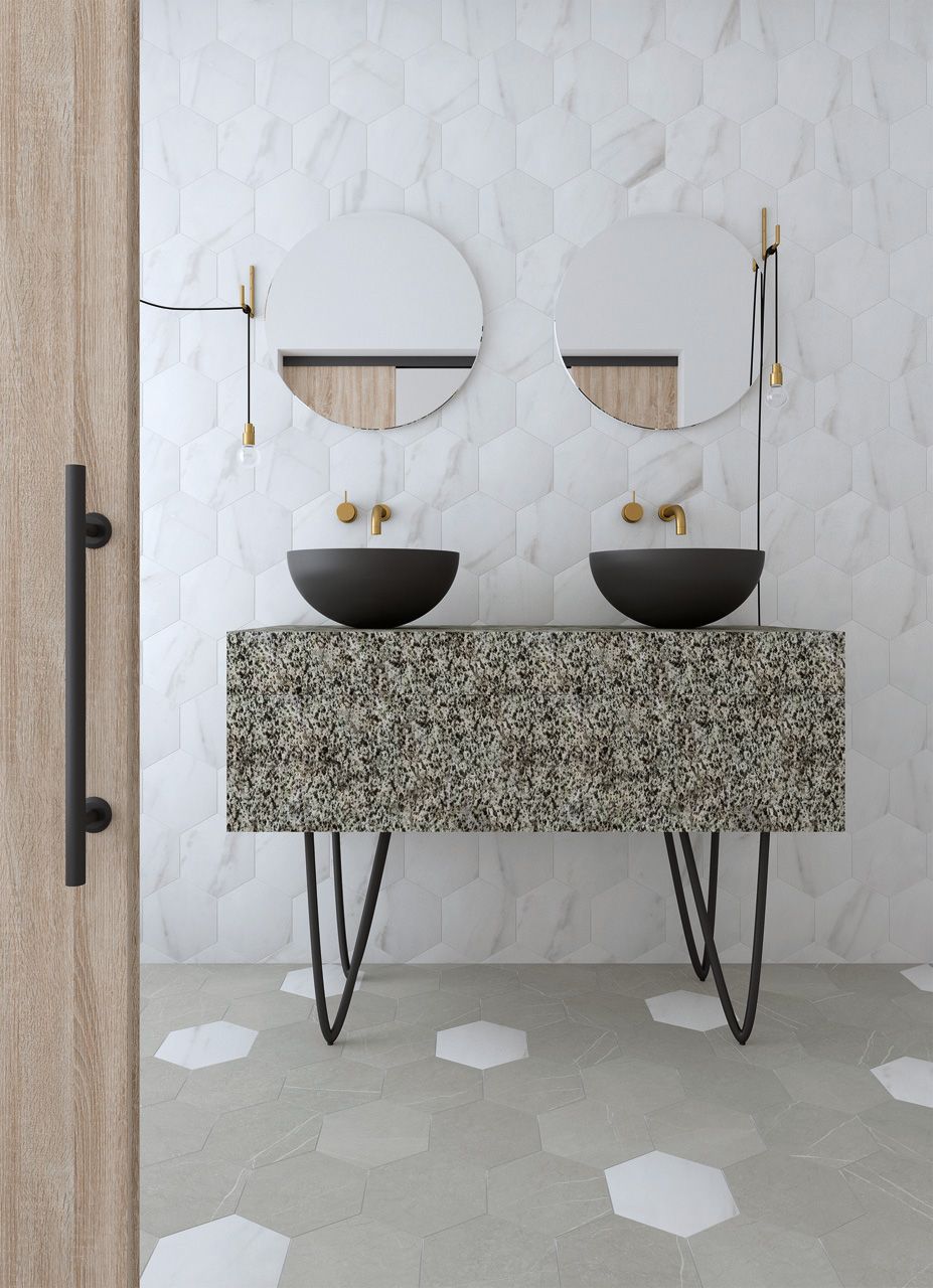 LOVE AFFAIR- Petra Hexagon Grey y Calacatta Hexagon-AMB