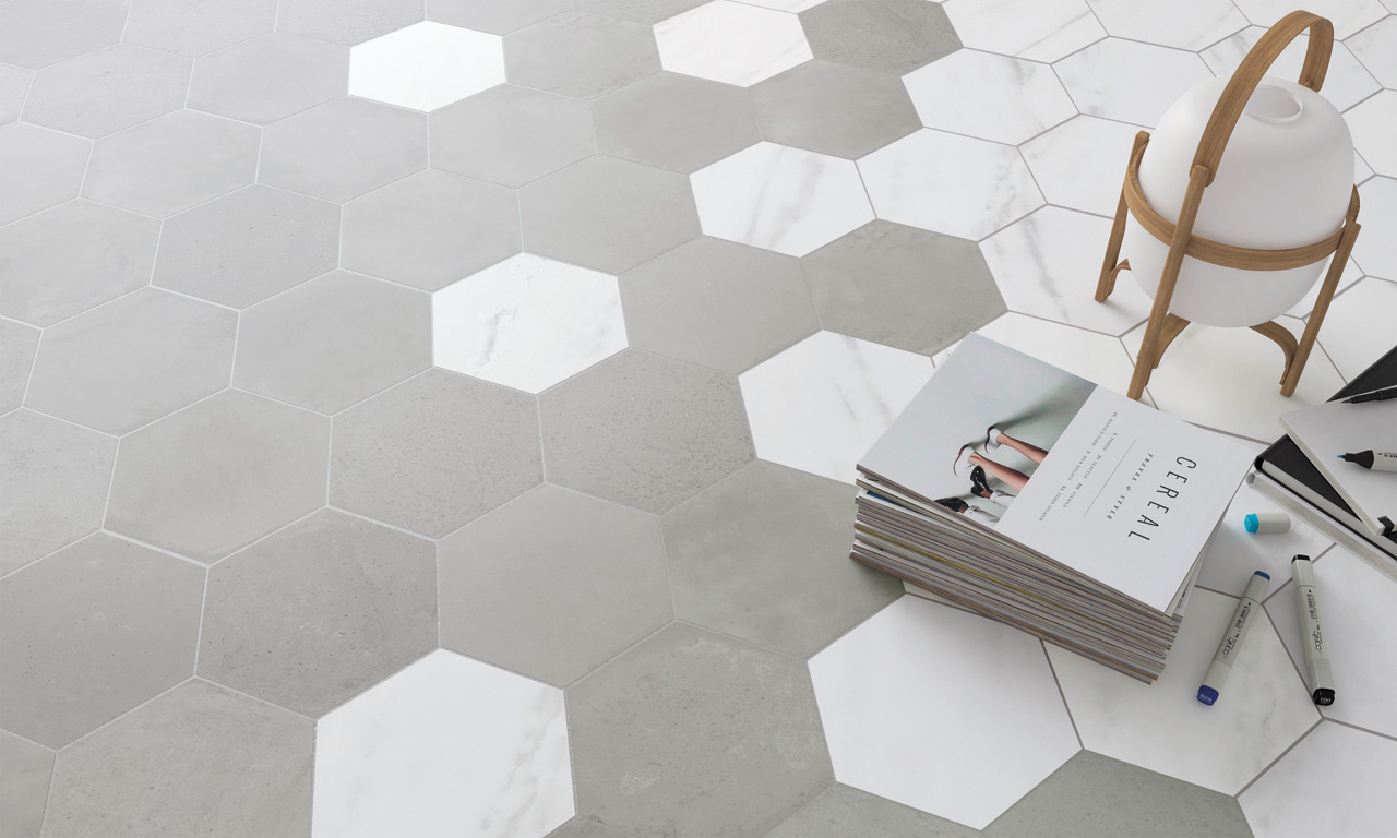 LOVE AFFAIRS- Concrete Hexagon Ash Grey y Calacatta Hexagon-AMB