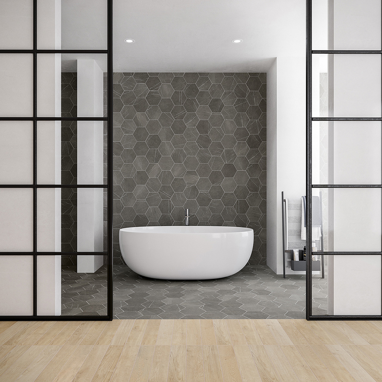 LOVE AFFAIRS Petra Hexagon charcoal and Contempo Strip Oak