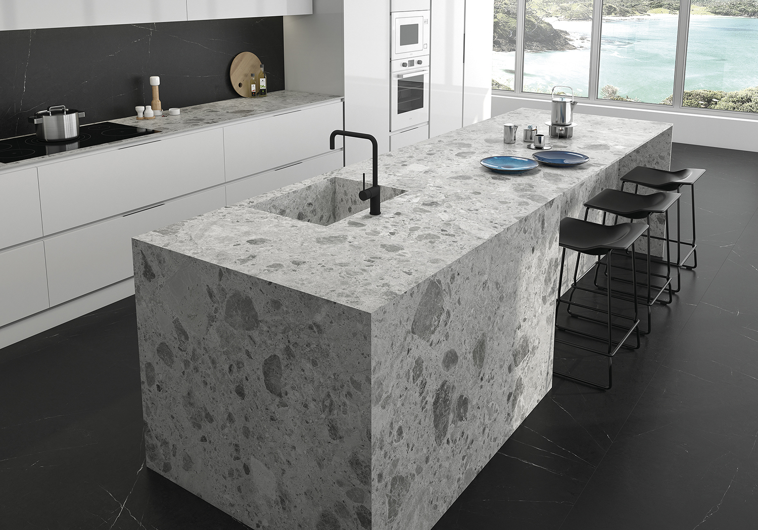 Cocina en blanco, negro y gris
